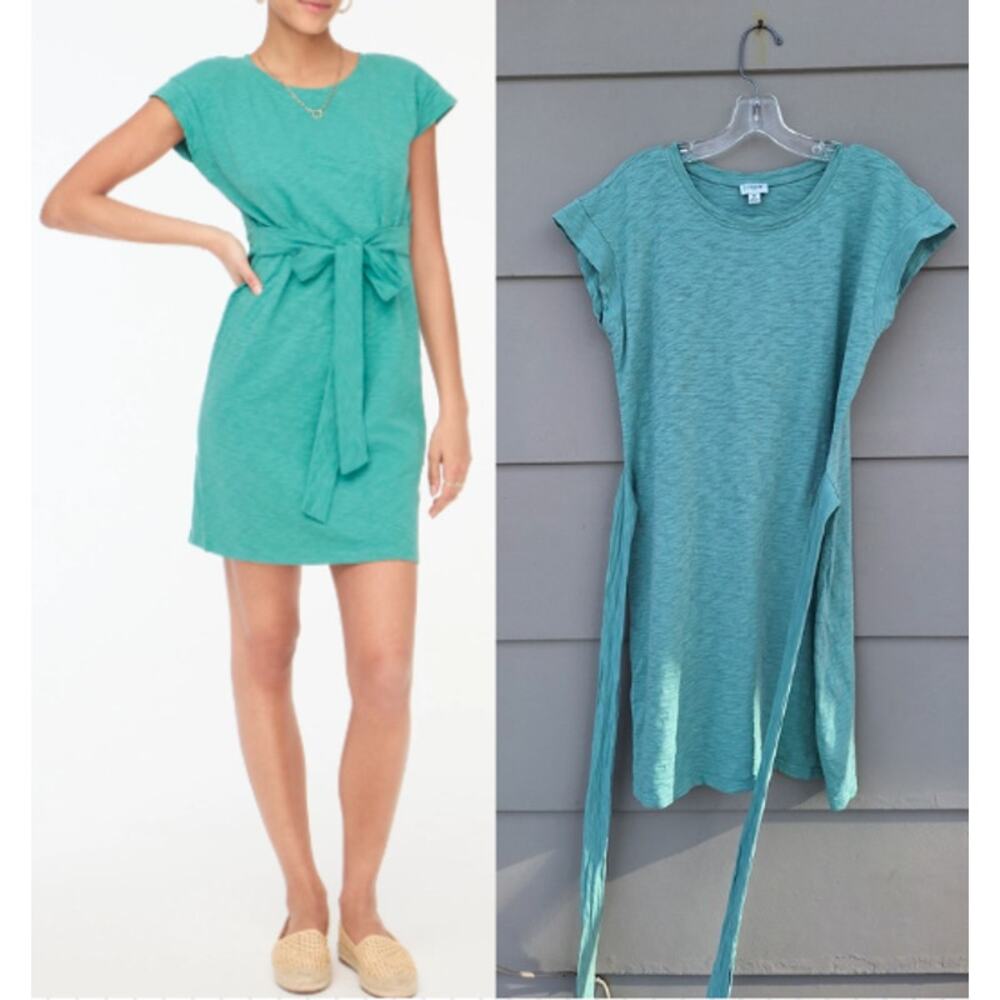 J Crew Women's Tie Waist T shirt mini Dress 100% Cotton Short Sleeves Green M